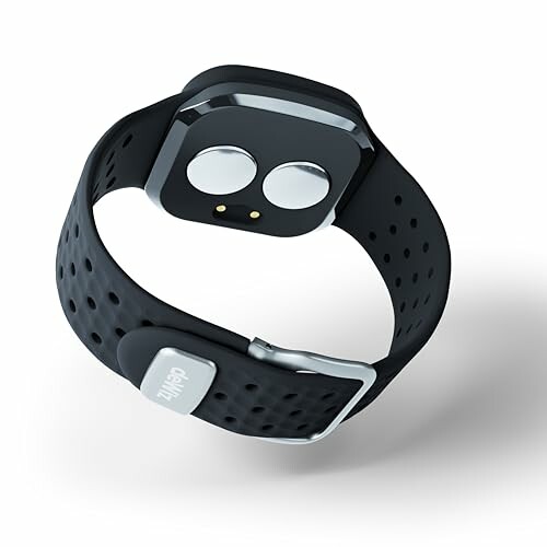 Black smartwatch with sensors and perforated band