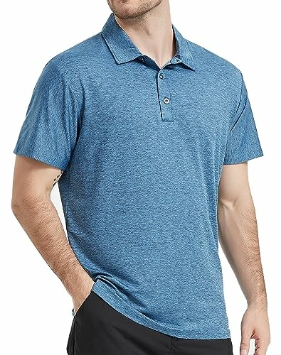 Man wearing a blue polo shirt.