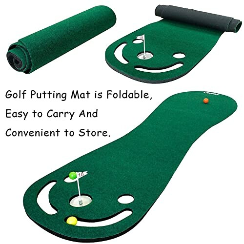 Foldable golf putting mat with balls and flag.