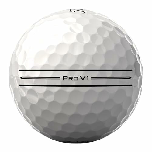 Close-up of a Pro V1 golf ball showing dimples and branding.