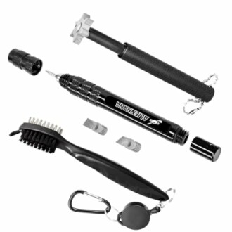 Golf club cleaning kit with brush, groove sharpener, and accessories.