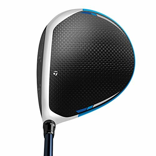 Top view of a golf club driver head with black and blue design.