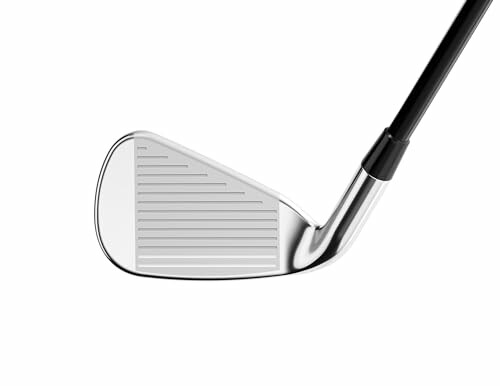 Close-up of a golf club iron head with grooves.