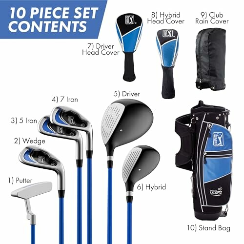 Image of a 10-piece golf club set with various clubs and covers.