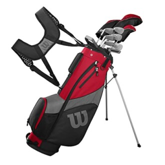 Red and black golf club set with stand bag.