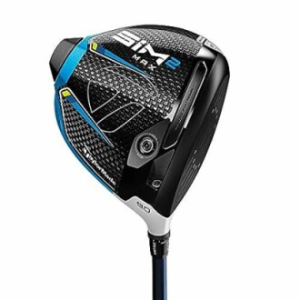 Golf driver club head with black, blue, and silver design.