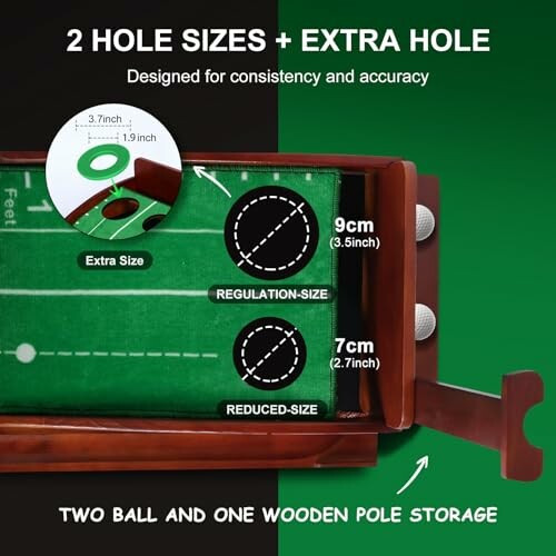 Golf putting mat with two hole sizes and extra storage.