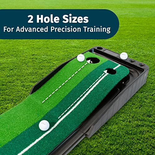 Golf putting mat with two hole sizes for precision training on grass.