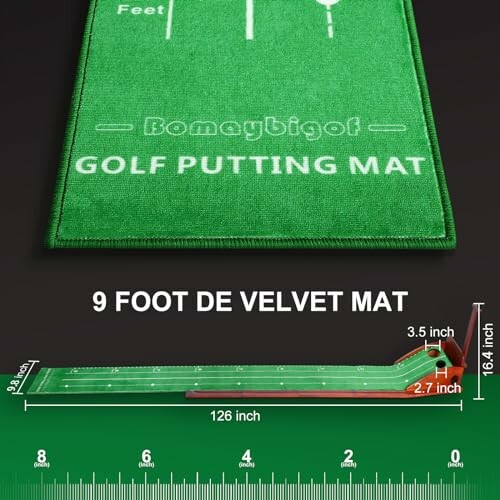 Green golf putting mat with measurements and labeled sections.