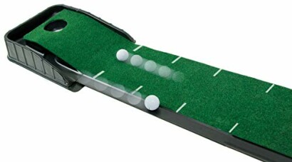 Golf putting practice mat with ball return feature.