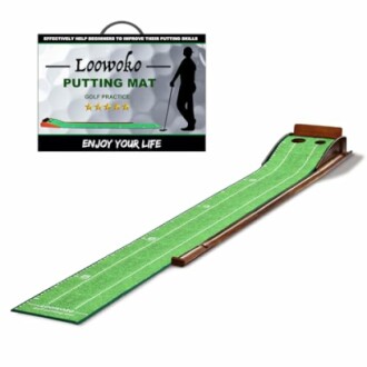 Golf putting practice mat with ball return feature.