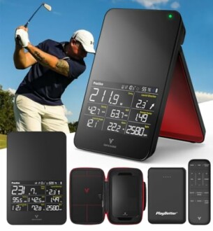 Golf swing analyzer device with golfer in background and device features displayed.