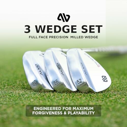 Set of three golf wedges on grass, labeled 52, 56, and 60 with AV logo.