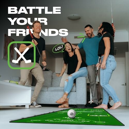 Friends playing an indoor golf game, having fun and laughing.