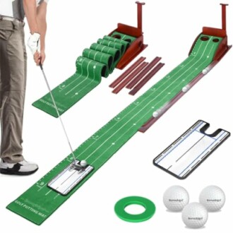 Indoor golf putting green set with balls and accessories.