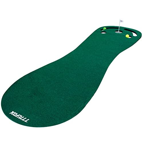 Indoor golf putting green mat with balls and flag.