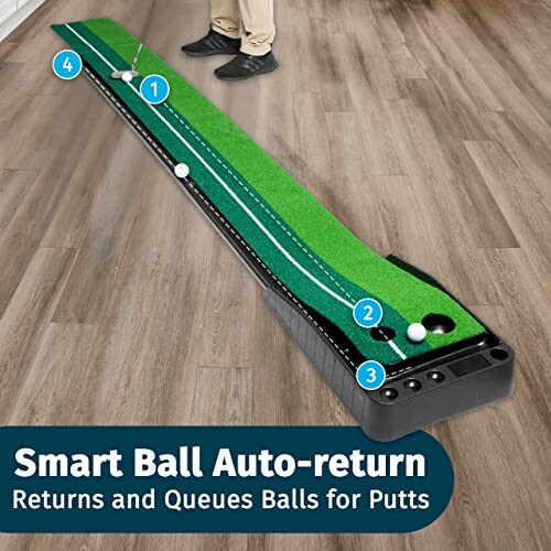 Indoor putting mat with auto-return feature on wooden floor