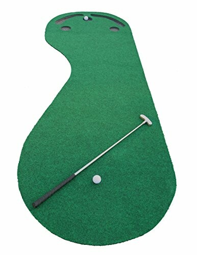 Indoor putting green mat with golf club and ball.