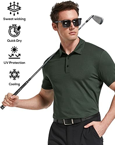 Man wearing dark green polo shirt with golf club, showcasing features like sweat wicking and UV protection.