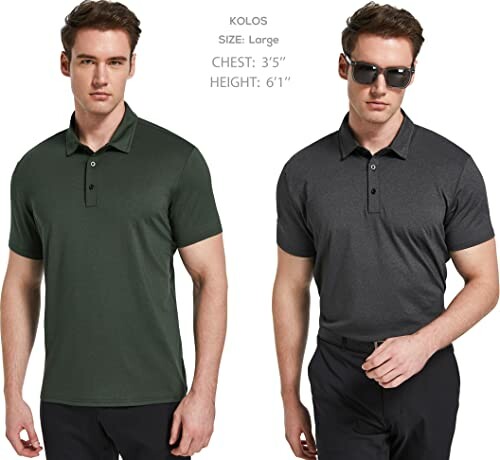 Two male models wearing green and gray polo shirts, demonstrating style and comfort.