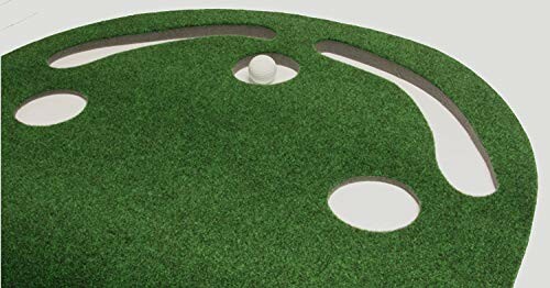 Circular green mini golf putting mat with holes and a golf ball.