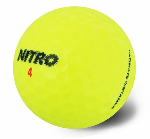 Yellow Nitro golf ball with text 'ULTIMATE DISTANCE'