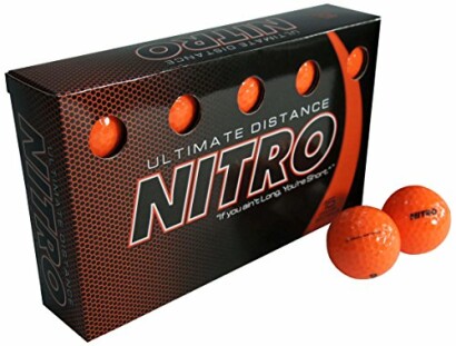 Box of Nitro Ultimate Distance golf balls with two orange balls