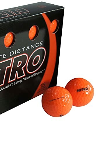 Box of Nitro orange golf balls with two balls in front.