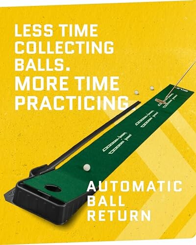 Putting mat with automatic ball return feature.