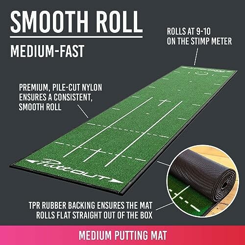 Smooth Roll medium-fast putting mat with nylon surface and TPR rubber backing.